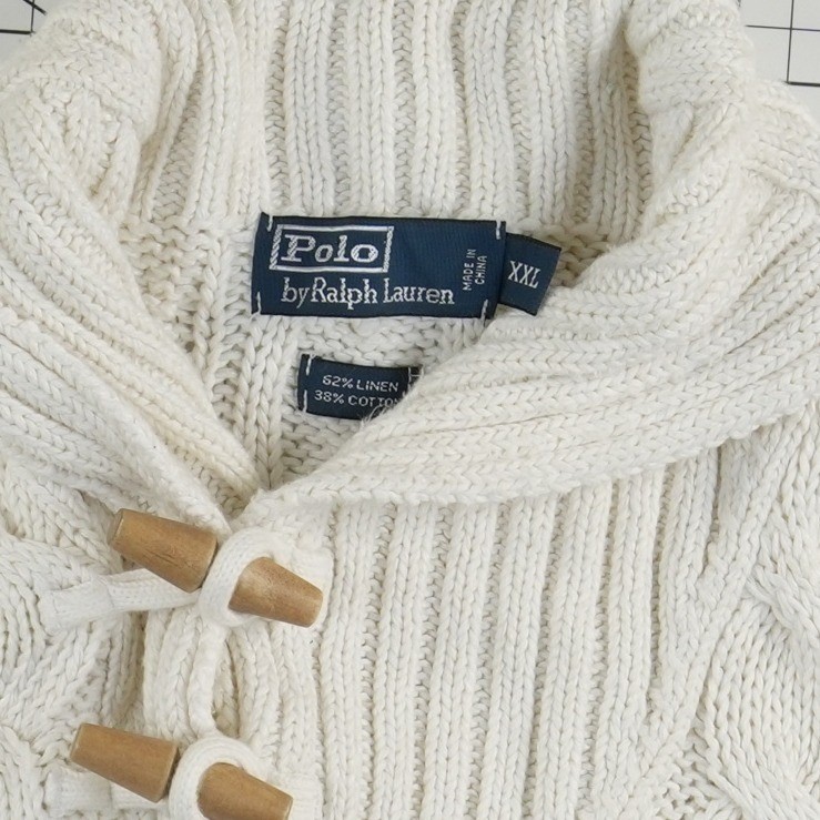 Polo Ralph Lauren Sweater Men's Size XXL Cream Cable Knit Linen Cotton Toggle - Image 5