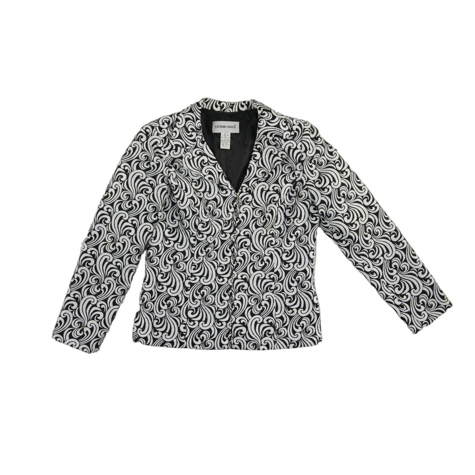 Victor Costa Evening Jacket Women's Size 10 Black White Beaded Swirl Zip Top - Image 2
