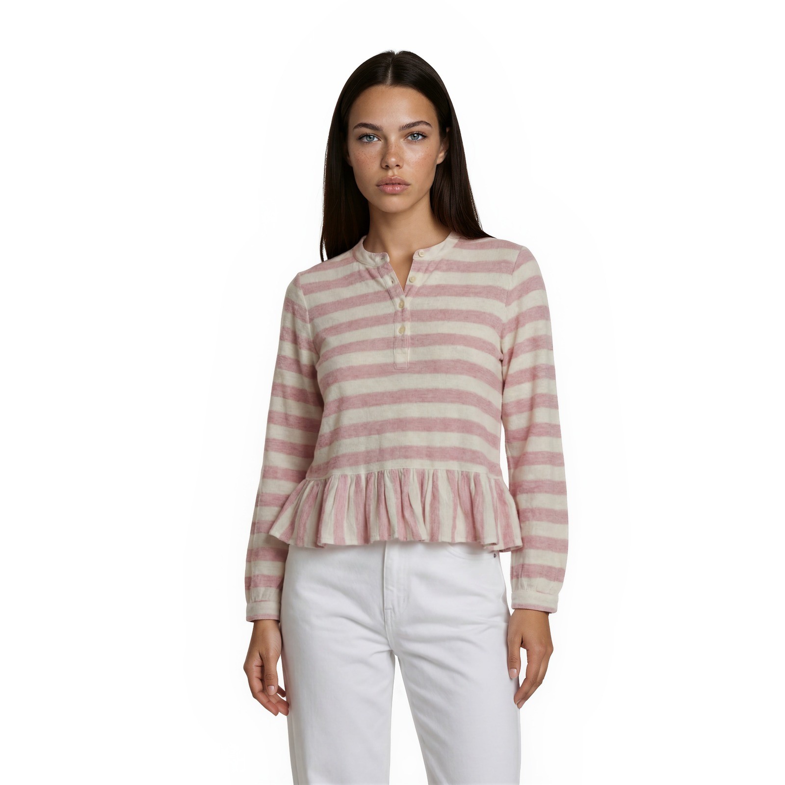 Lucky Brand Henley Blouse Top Womens Size Medium Pink Cream Striped Peplum Gauze