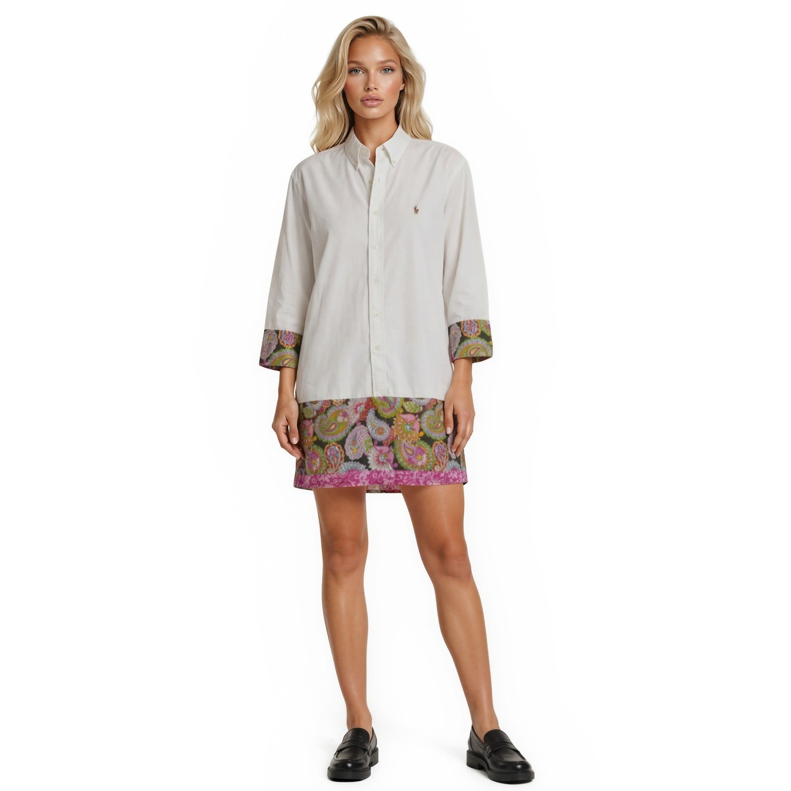 Ralph Lauren Shirt Dress Women's Size Medium White Cotton Oxford Paisley Trim