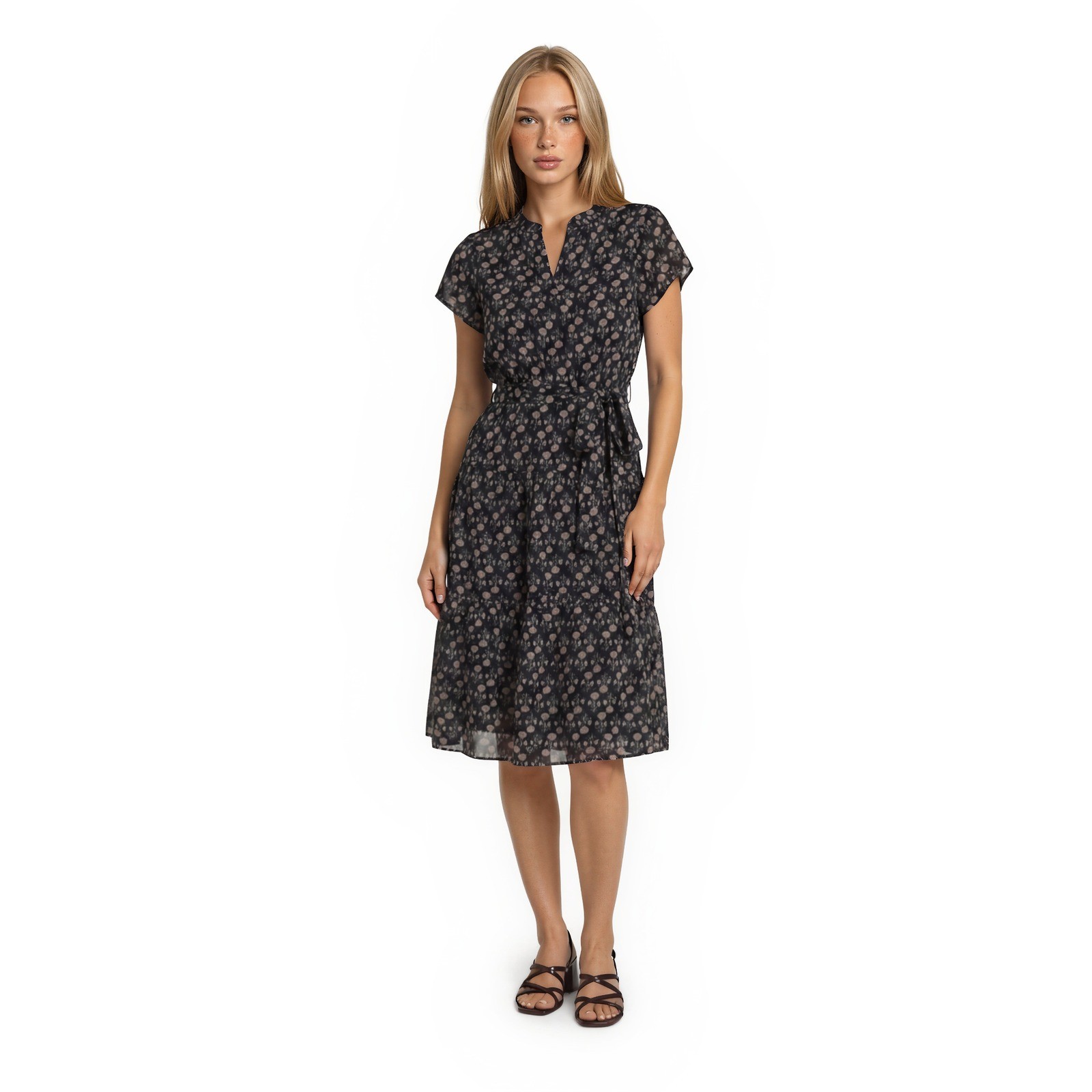 Rungolee Dress Womens Size Medium Black Floral 100% Silk Ruffle Tiered