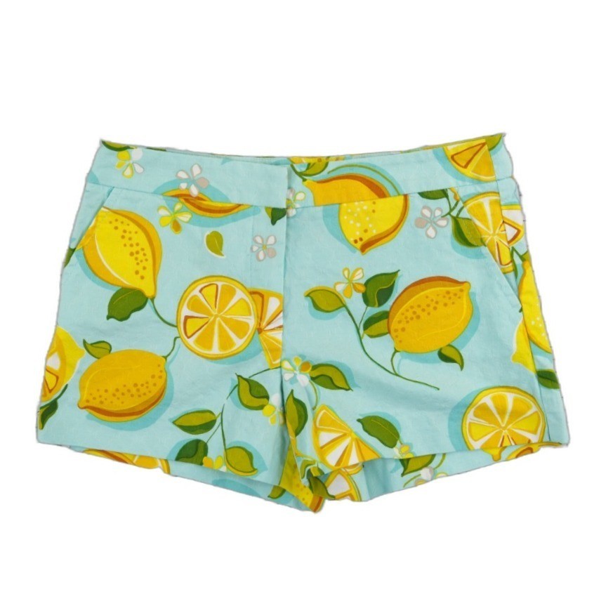 Trina Turk Lemon Shorts Women's Size 8 Blue Yellow Cotton Spandex