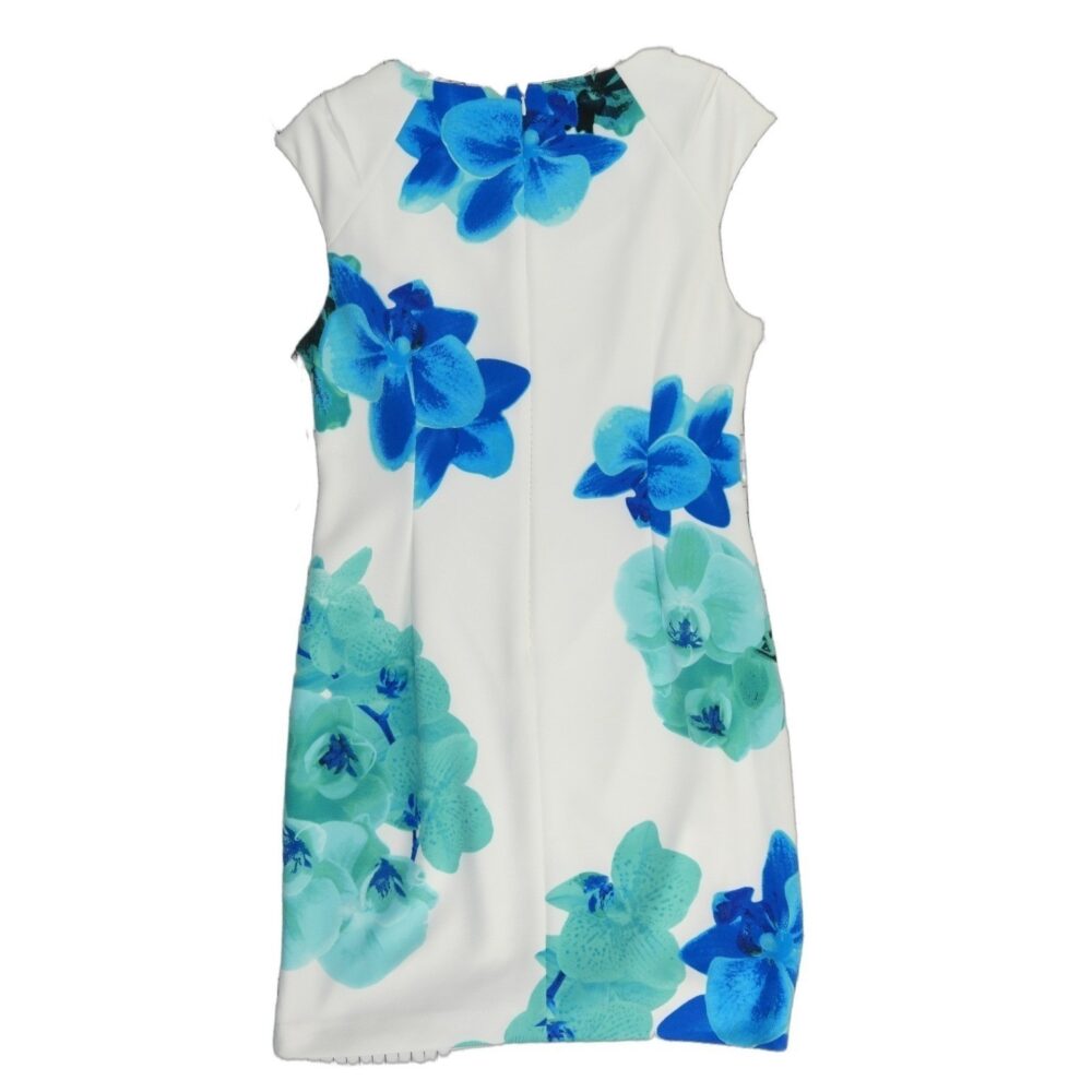 calvin klein blue and white floral dress Calvin Klein White Blue Floral Sleeveless Fit & Flare Knee Dress Size 14