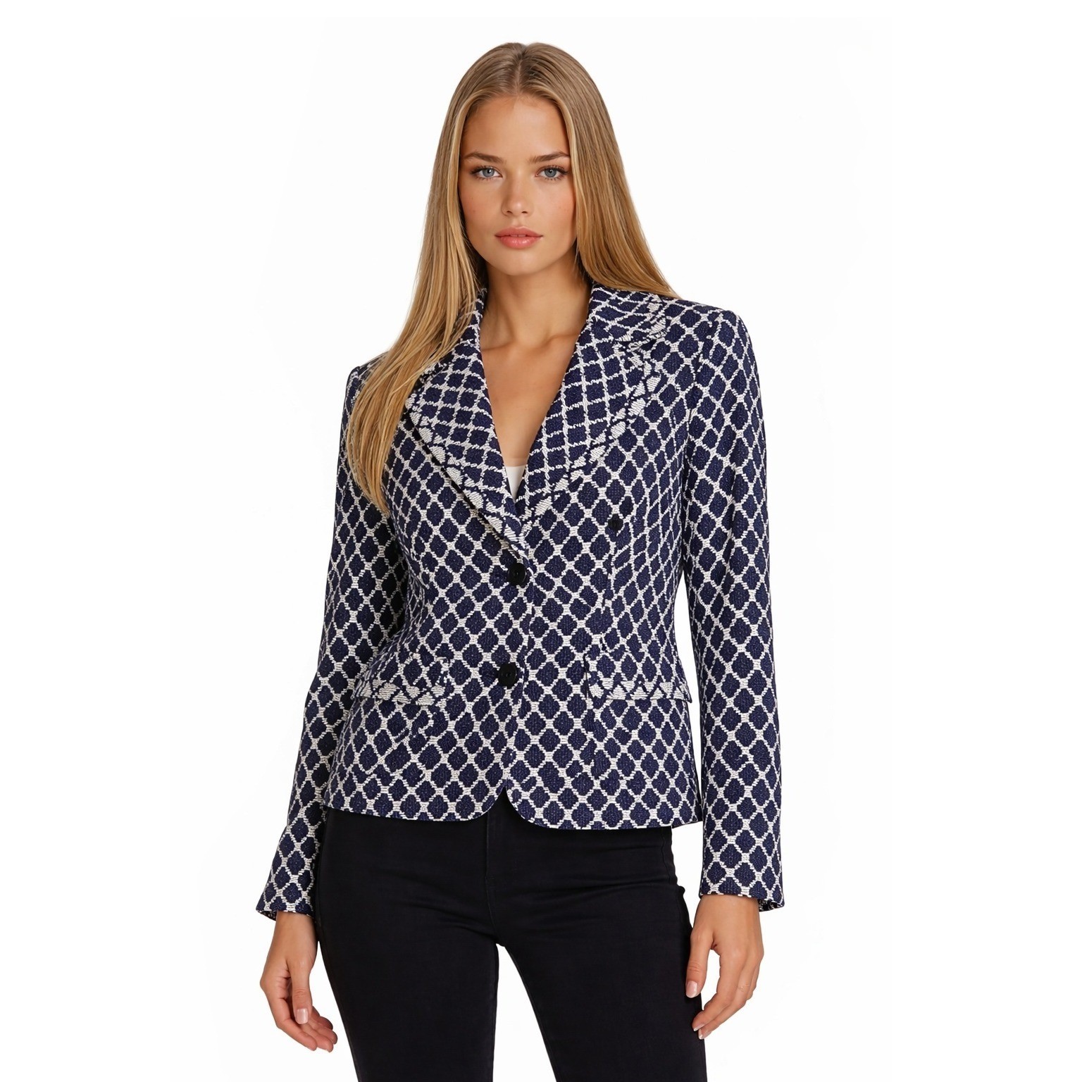 Talbots Blazer Women's Size 14 Navy White Geometric Diamond Cotton Jacket Career