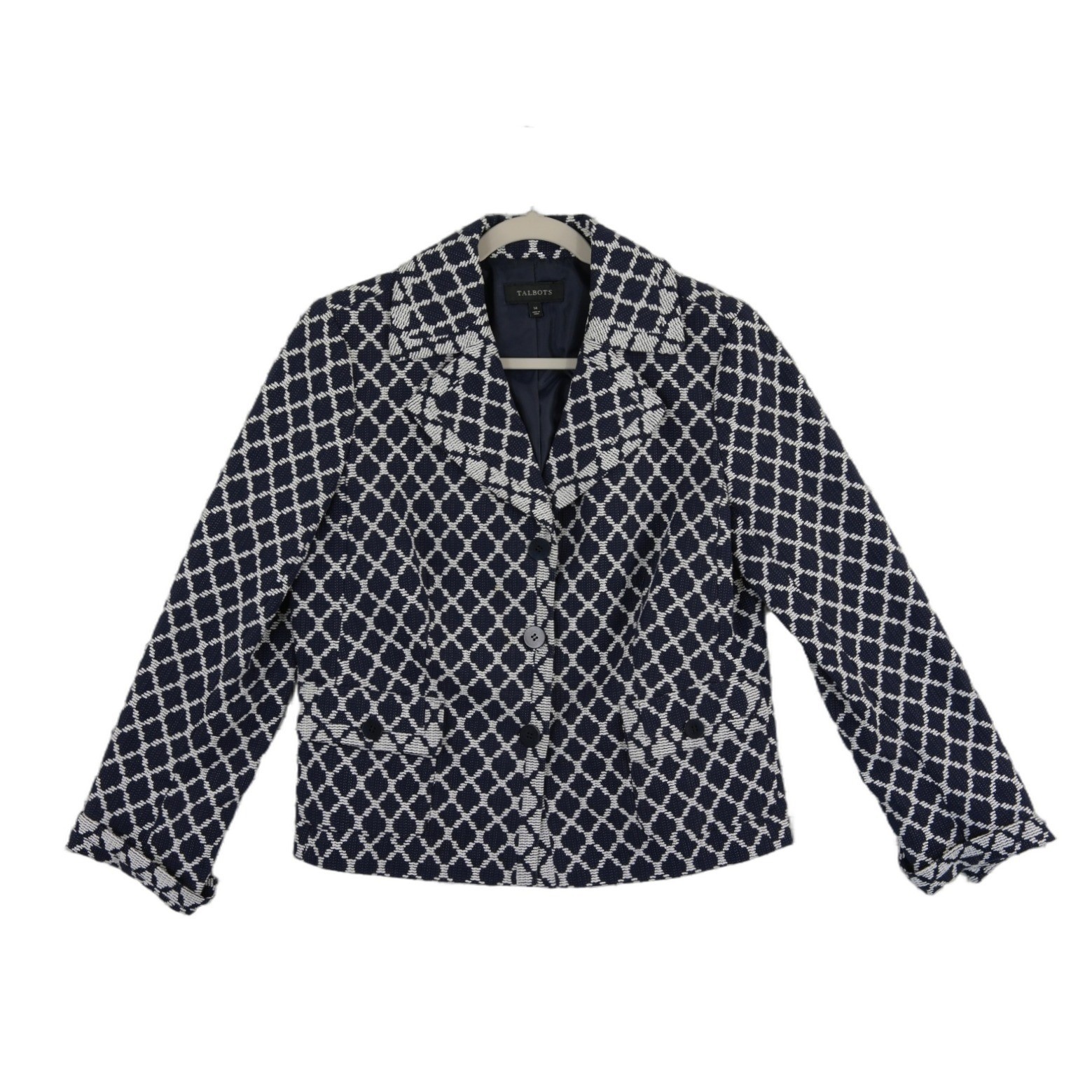 Talbots Blazer Women's Size 14 Navy White Geometric Diamond Cotton Jacket Career - Image 2
