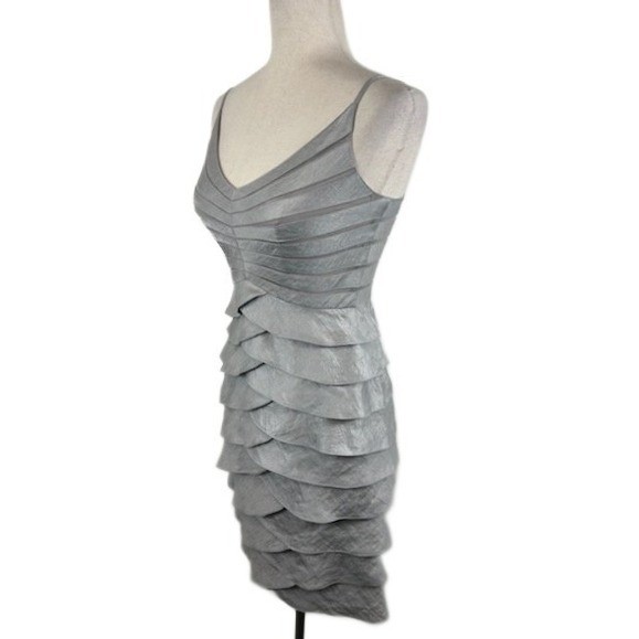 Adrianna Papell Sleeveless Ruffled Tiered Silver Formal Dress Size 2P Petite - Image 2