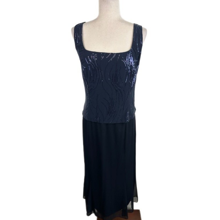 Alex Evenings Sequin Chiffon Formal Sleeveless Maxi Dress Navy Blue Size 18