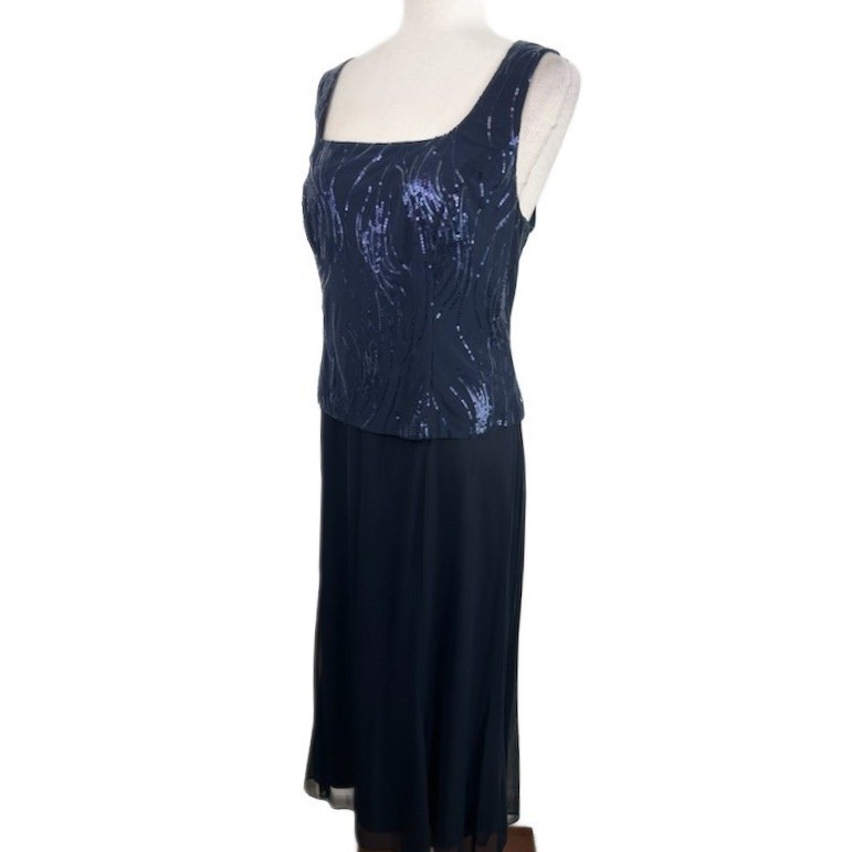 Alex Evenings Sequin Chiffon Formal Sleeveless Maxi Dress Navy Blue Size 18 - Image 2