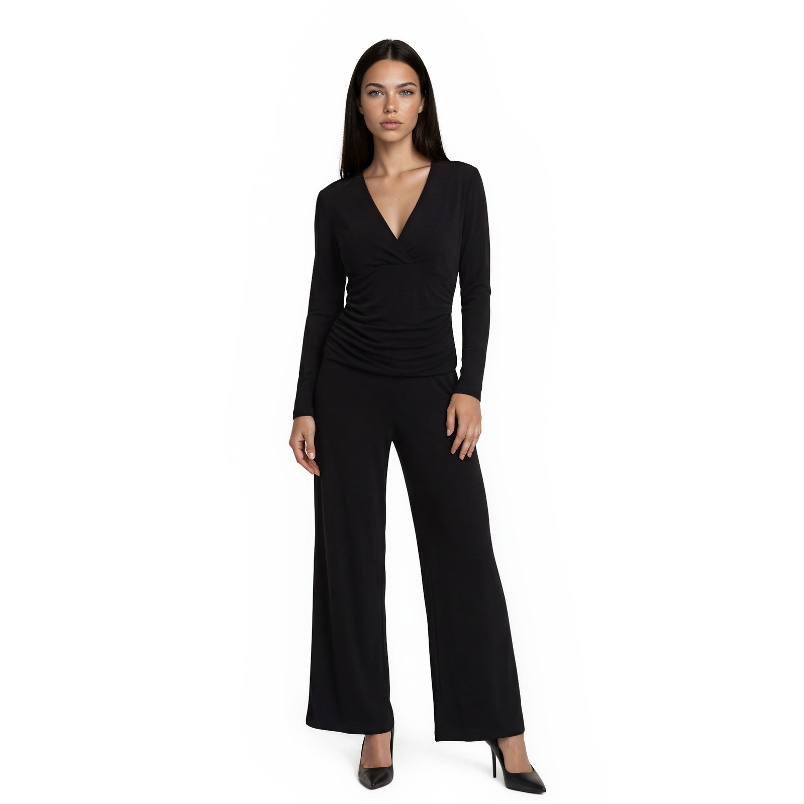Norma Kamali Jumpsuit Women's Size Small Black Ruched V Neck Wide Leg