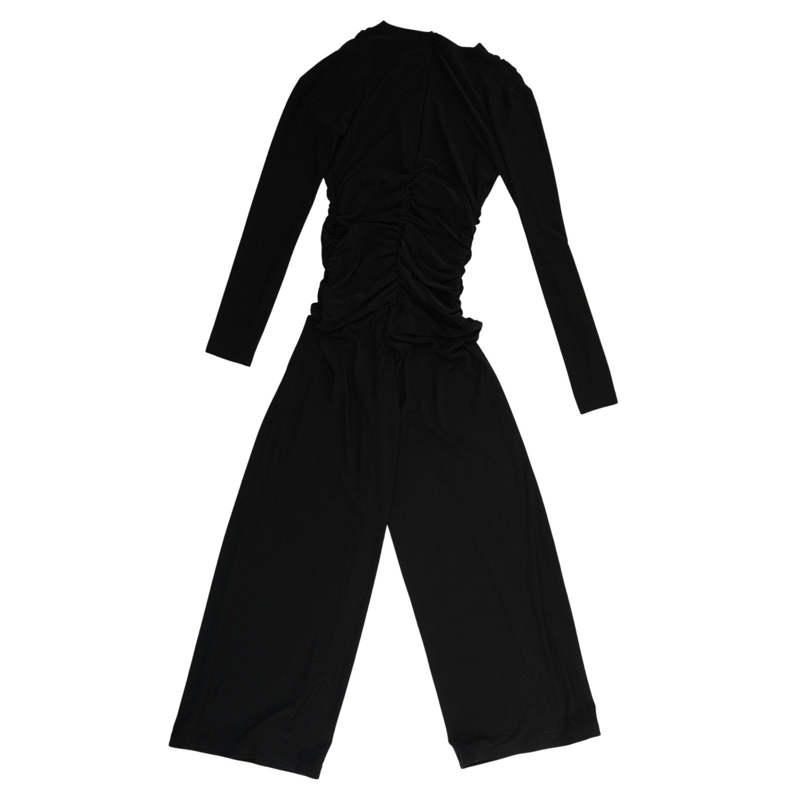 Norma Kamali Jumpsuit Women's Size Small Black Ruched V Neck Wide Leg - Image 3
