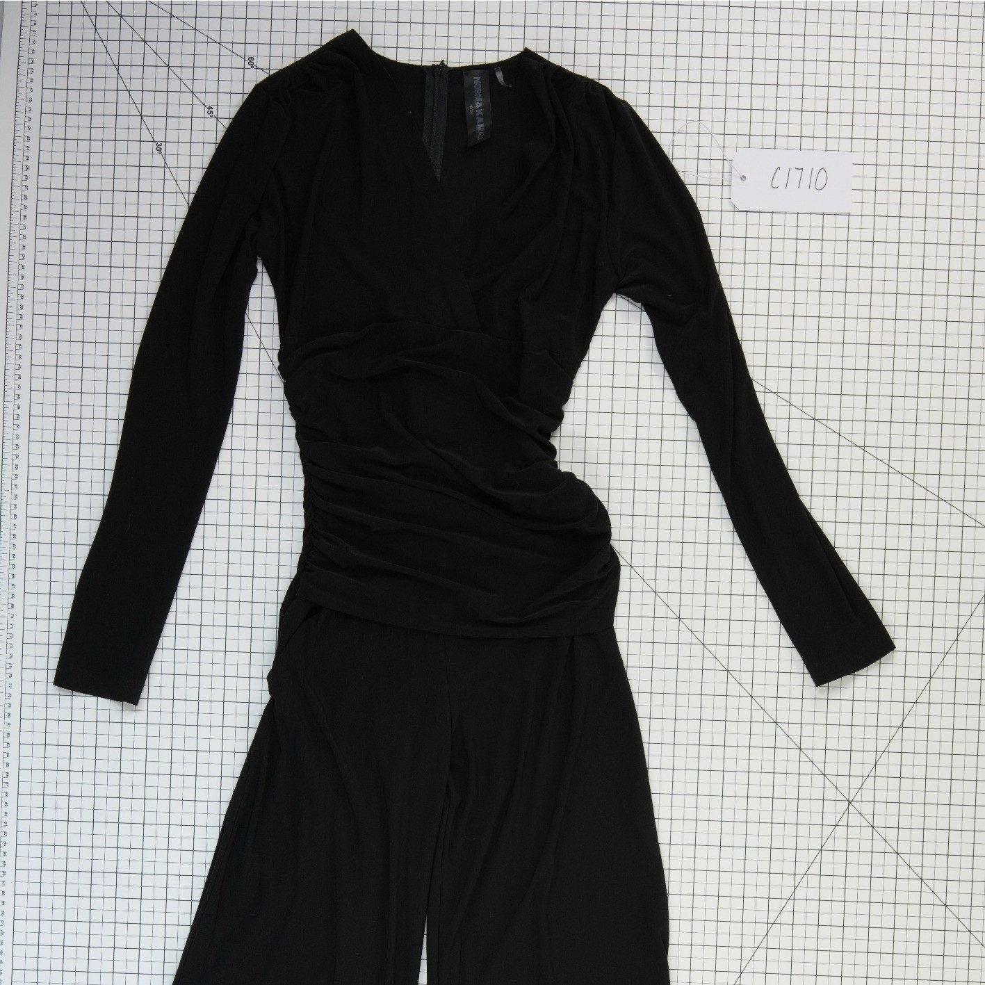 Norma Kamali Jumpsuit Women's Size Small Black Ruched V Neck Wide Leg - Image 5