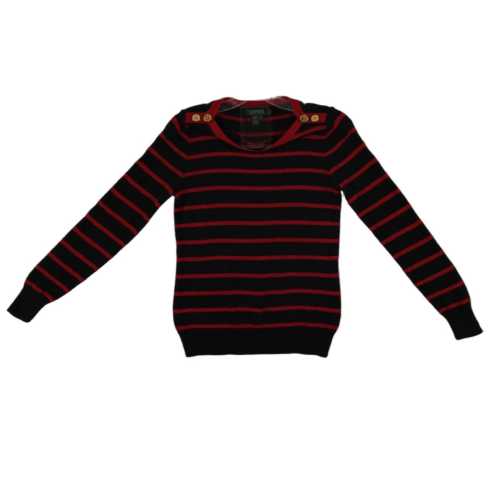 Lauren Ralph Lauren Sweater Women's Size Medium Black Red Striped 100% Cotton - Image 2