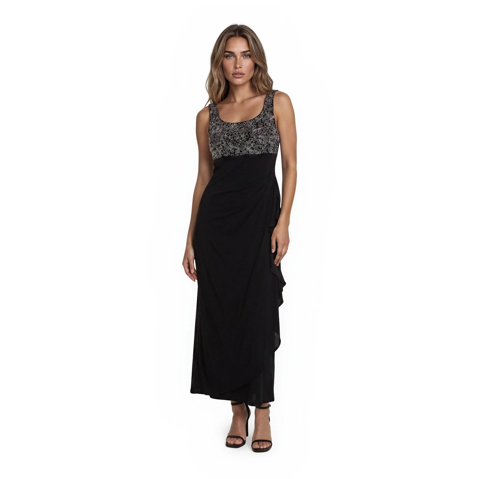 Alex Evenings Dress Gown Women's Size 6 Black Sequin Bodice Ruffle Formal Long