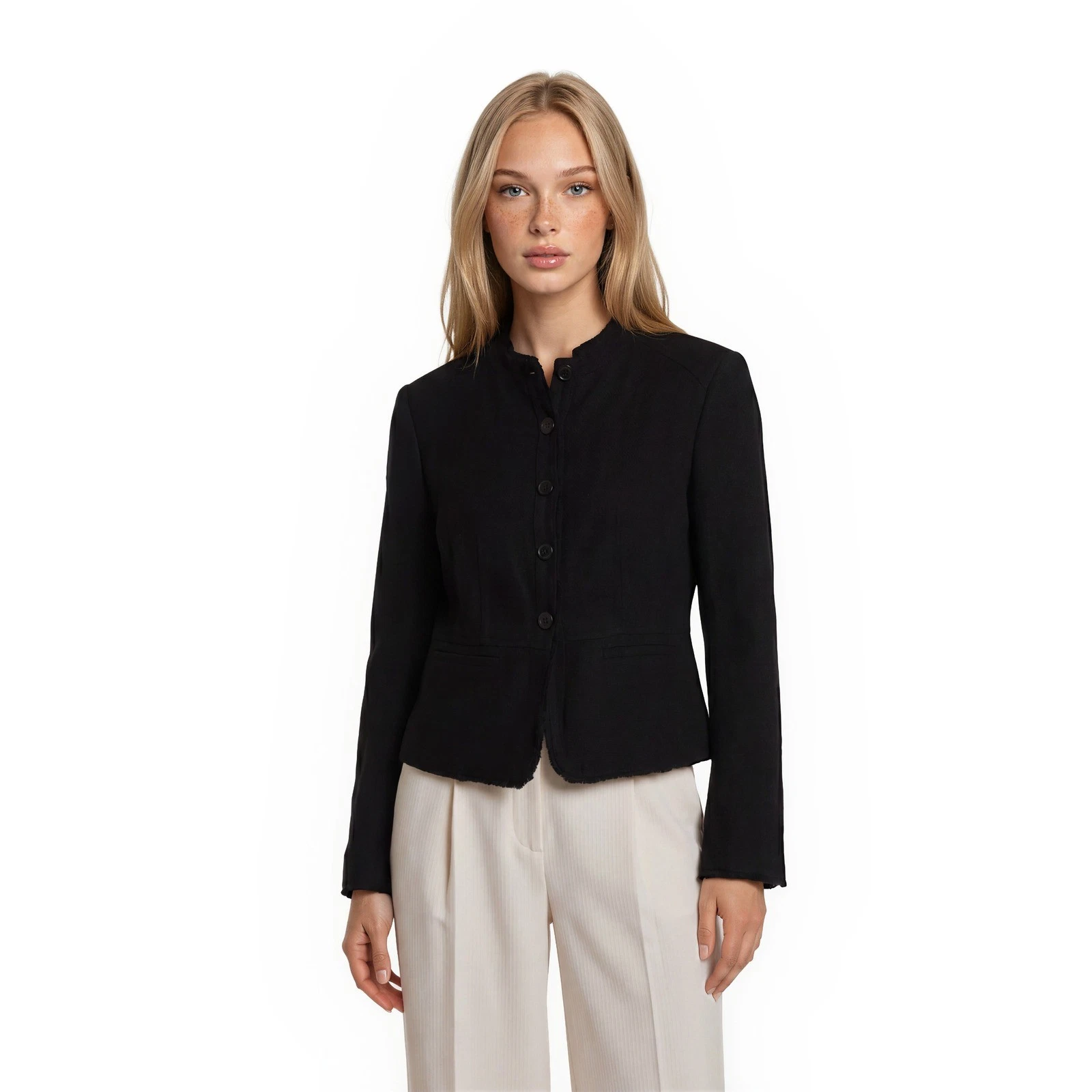 Michael Kors 100% Linen Blazer Women's Size 10 Black Fringe Trim Peplum Jacket