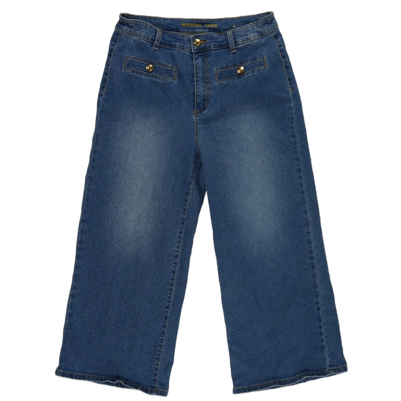 Michael Kors Wide Leg Jeans Women's Size 8 Blue Cropped Gold Button Nautical
