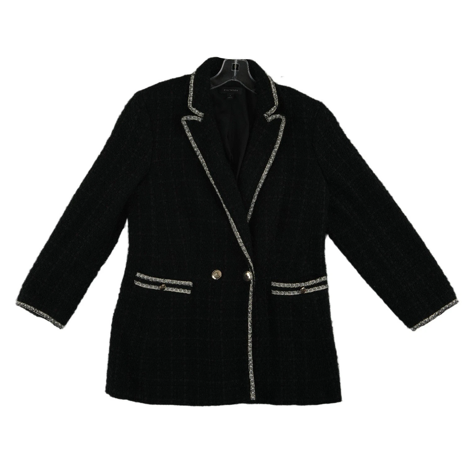 Ann Taylor Tweed Blazer Womens Size Medium Black Double Breasted Jacket Metallic - Image 2
