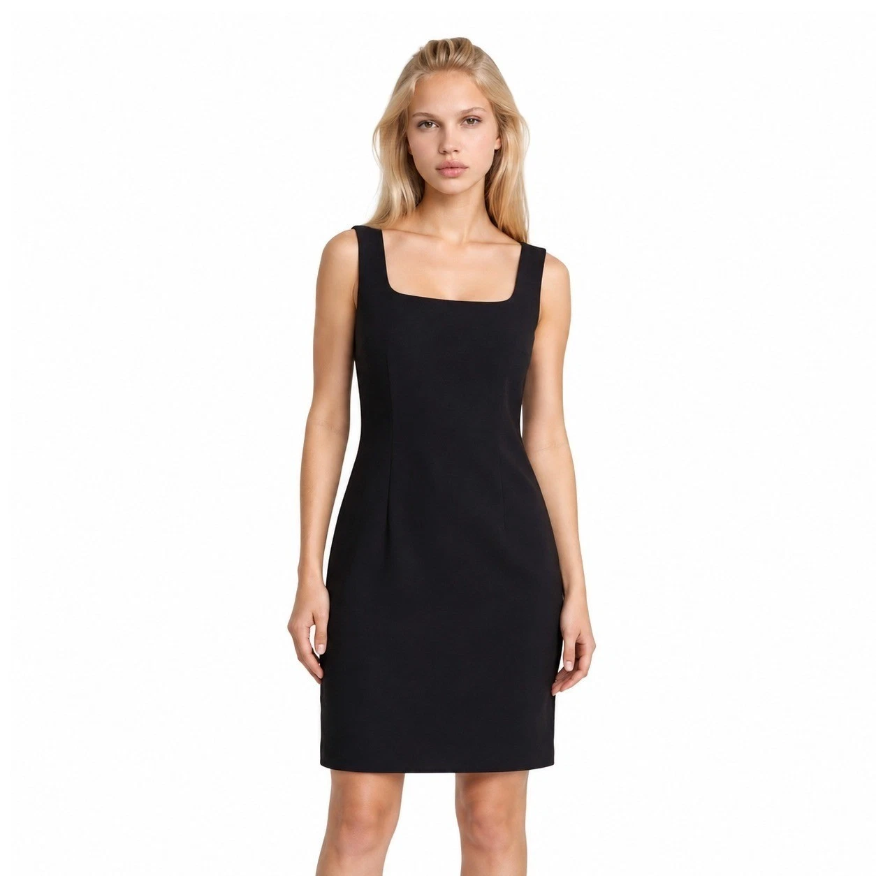Anne Klein Sheath Dress Women's Size 10 Black Wool Blend Square Neck Lined LBD