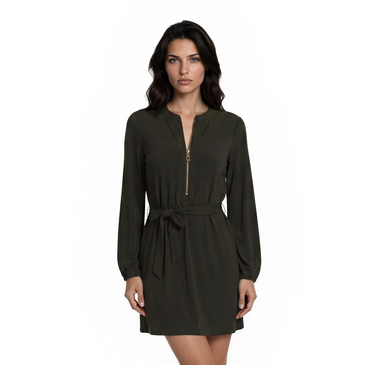 NEW Michael Kors Dress Women's Size Large Olive Green Half Zip Tie Waist L/S
