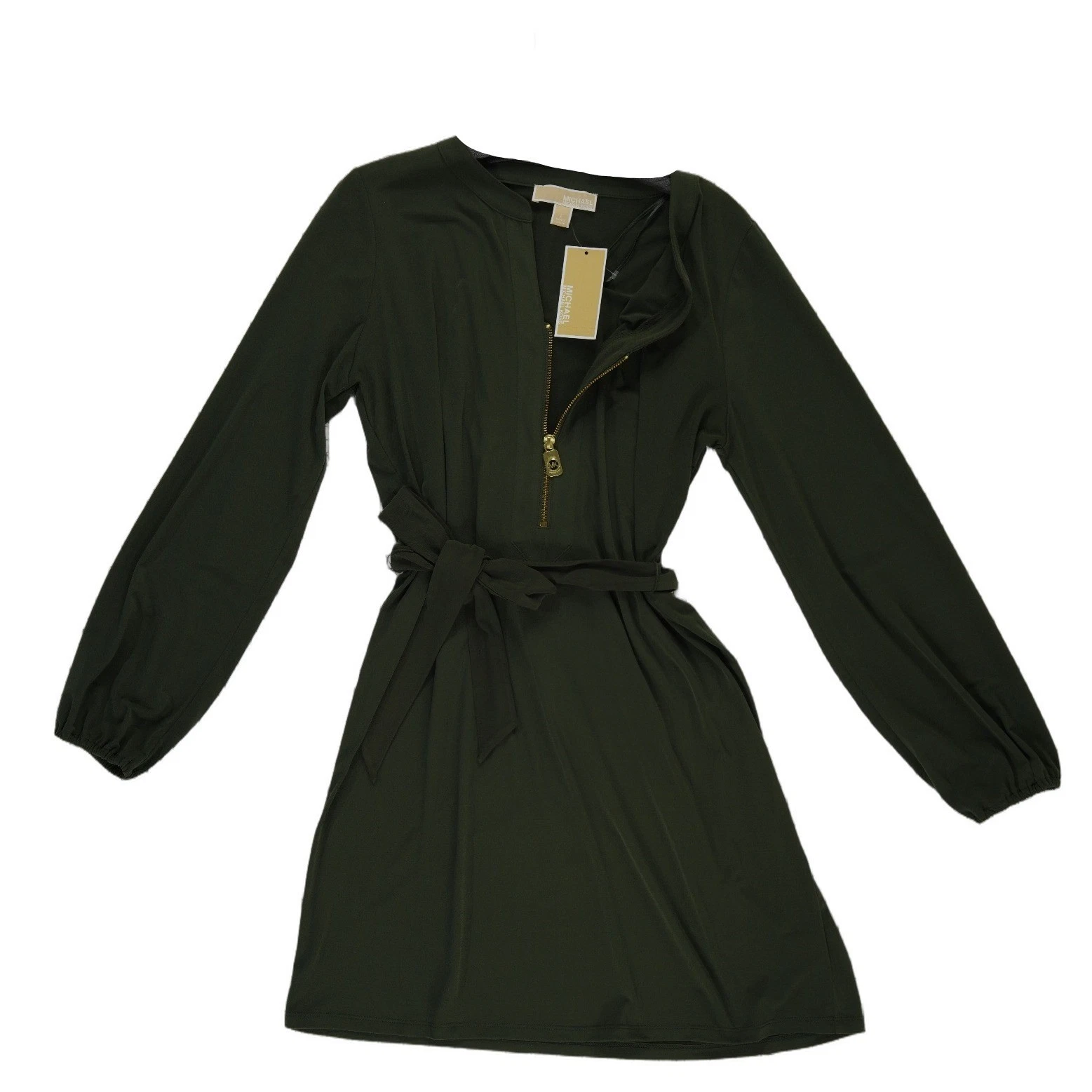 NEW Michael Kors Dress Women's Size Large Olive Green Half Zip Tie Waist L/S - Image 2
