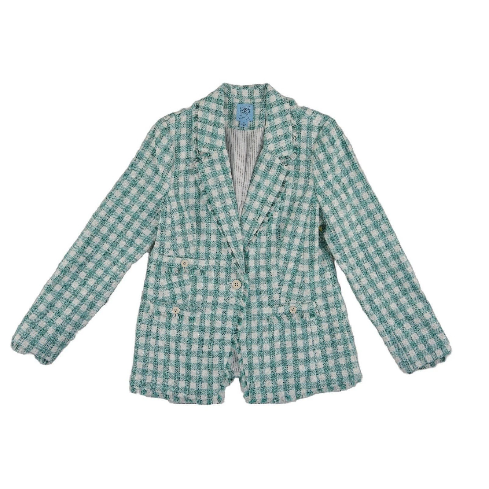 NEW CeCe Gingham Tweed Blazer Women's Size 10 Green White Frayed Fringe Jacket - Image 2