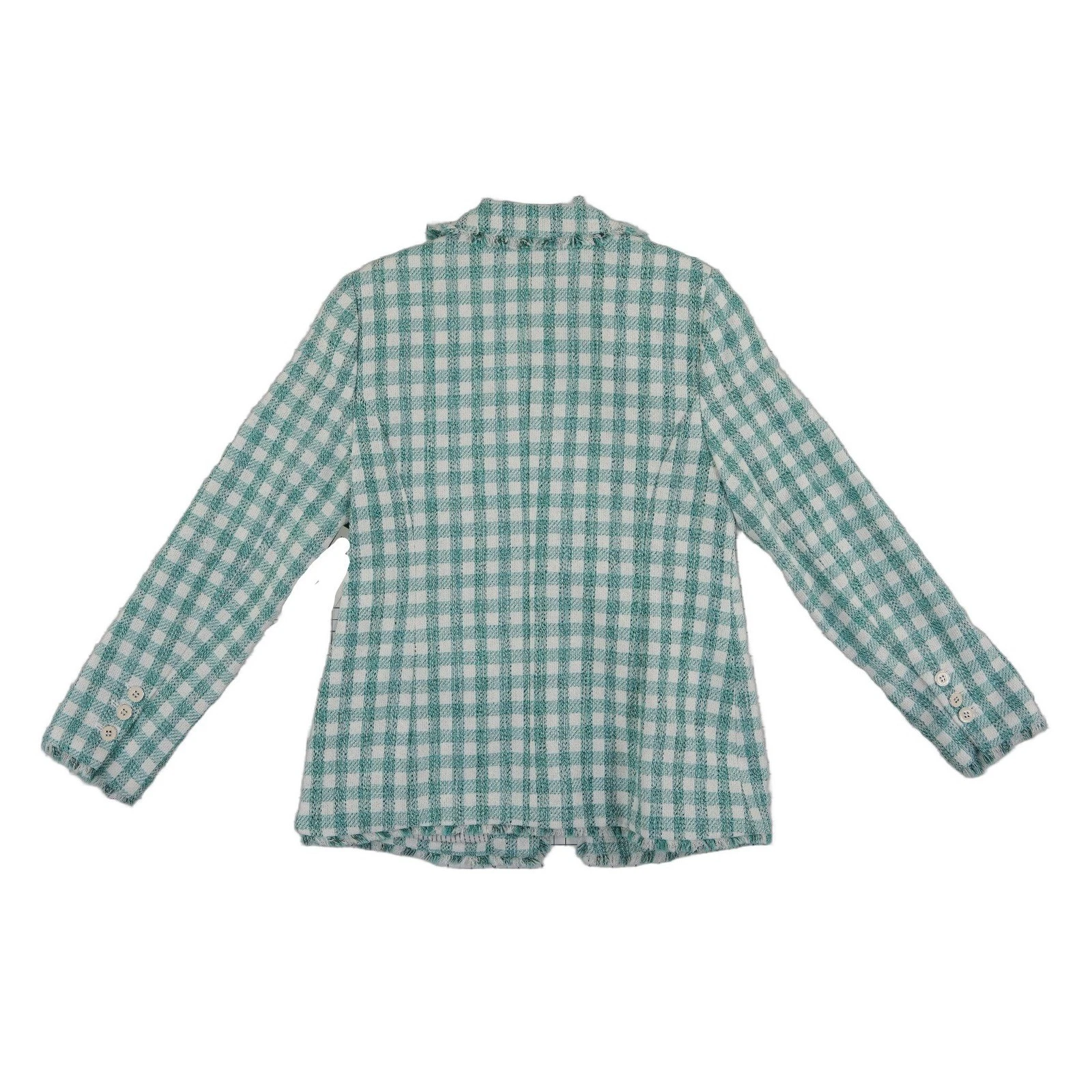 NEW CeCe Gingham Tweed Blazer Women's Size 10 Green White Frayed Fringe Jacket - Image 3
