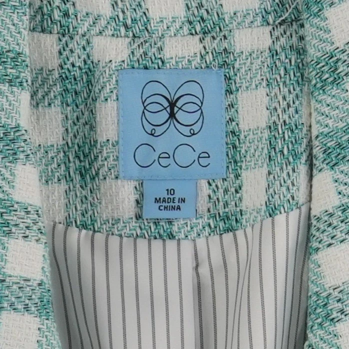 NEW CeCe Gingham Tweed Blazer Women's Size 10 Green White Frayed Fringe Jacket - Image 5