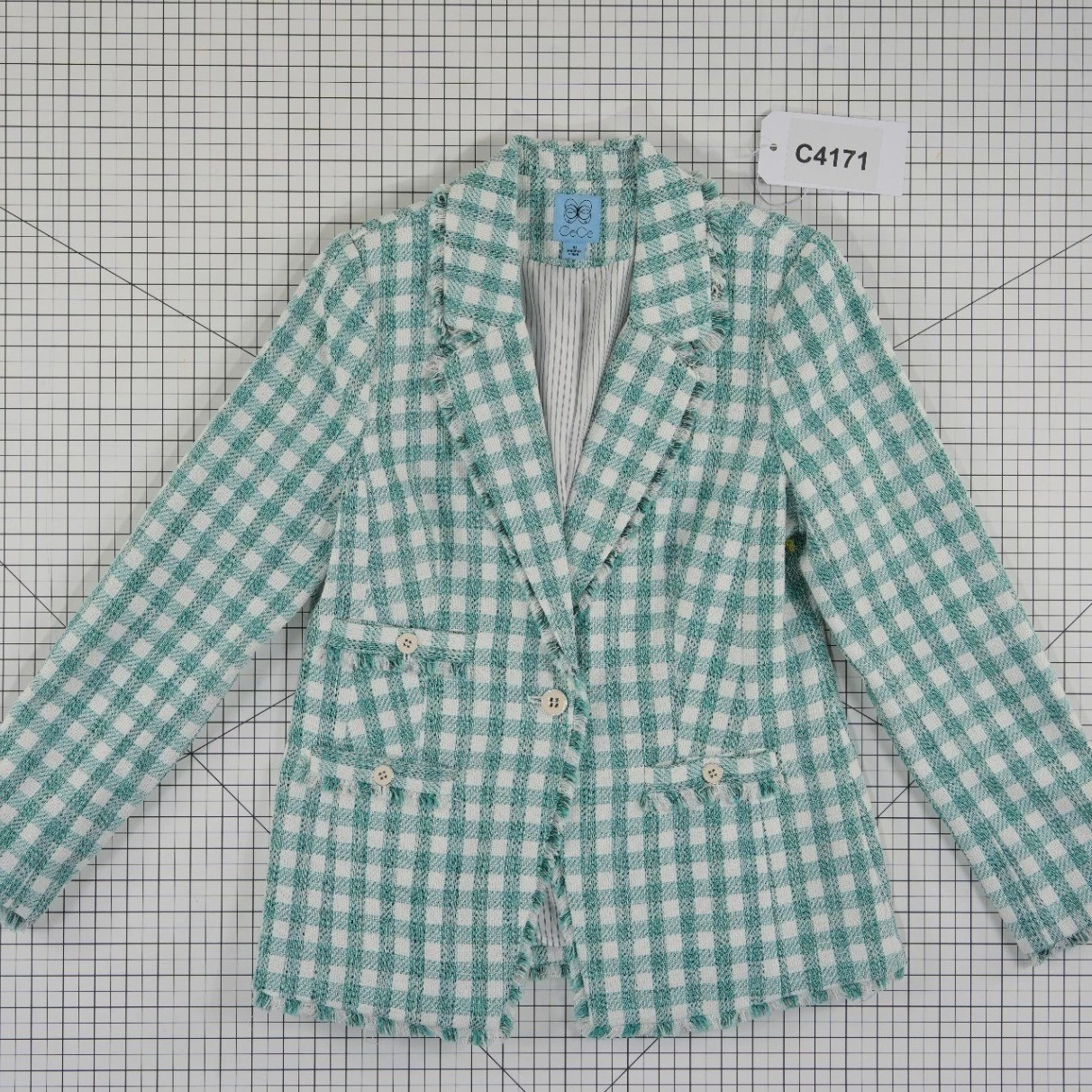 NEW CeCe Gingham Tweed Blazer Women's Size 10 Green White Frayed Fringe Jacket - Image 8
