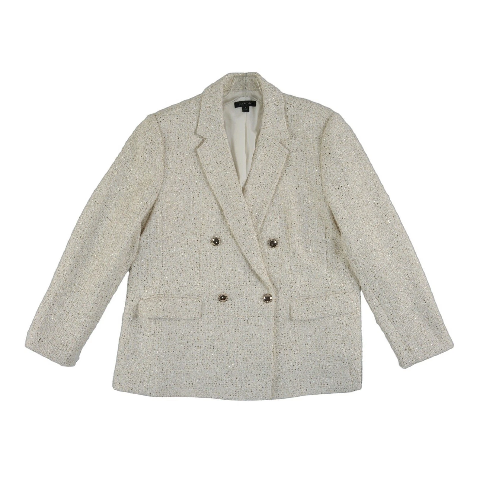 Ann Taylor Cream Tweed Metallic Blazer Women's Size 18 Double Breasted Jacket - Image 2