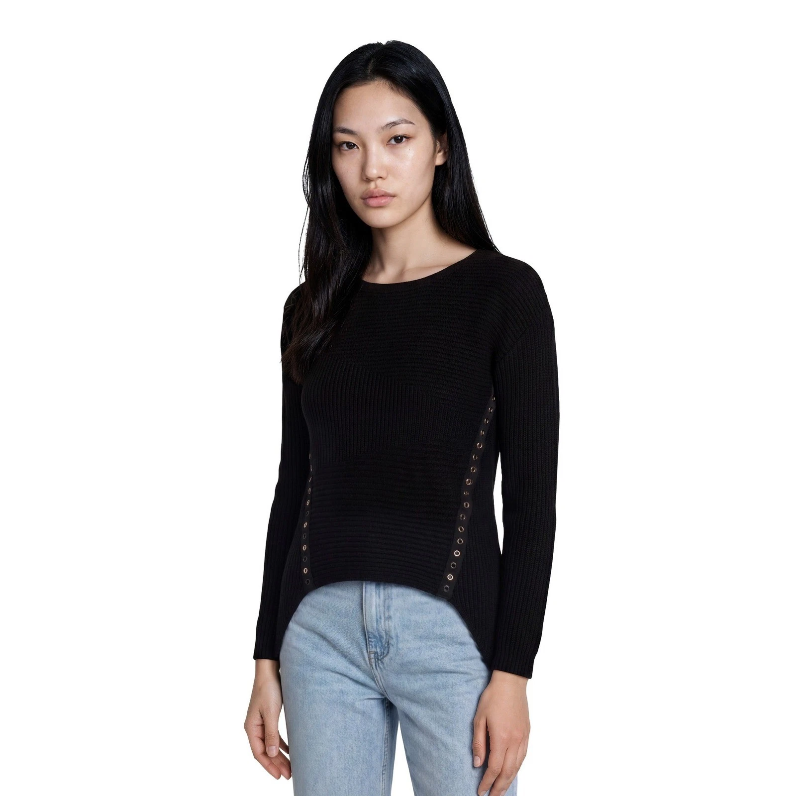 Bar III Sweater Women's Size XS Black Ribbed Grommet Wool Blend Moto Top