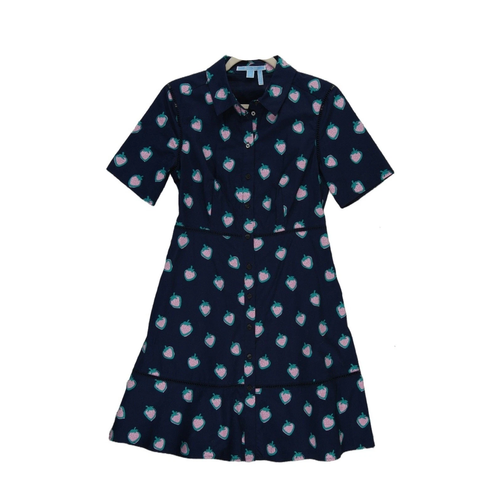 Draper James Strawberry Print Dress Women's Size 4 Navy Blue Pink 100% Cotton - Image 2