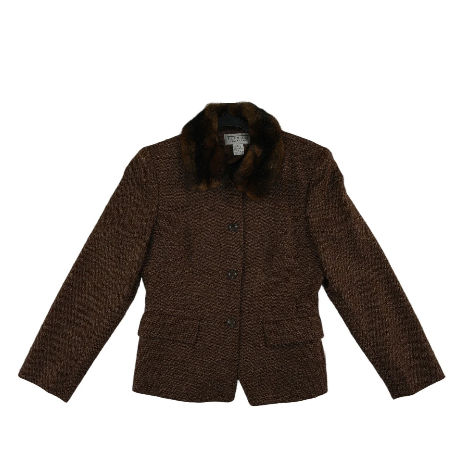 Talbots Collection Blazer Women's Size 6 Brown Herringbone Tweed Faux Fur Collar - Image 2