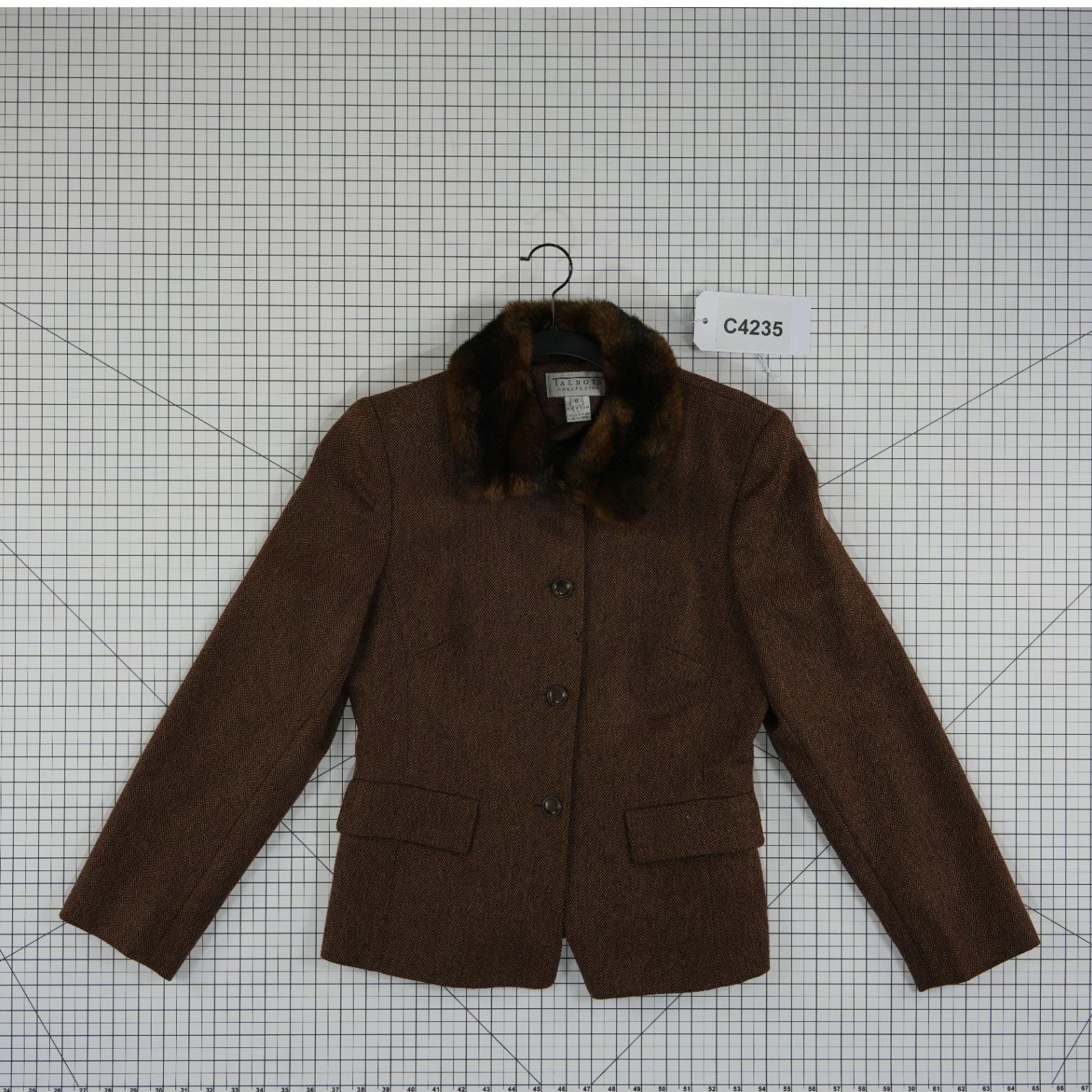 Talbots Collection Blazer Women's Size 6 Brown Herringbone Tweed Faux Fur Collar - Image 5