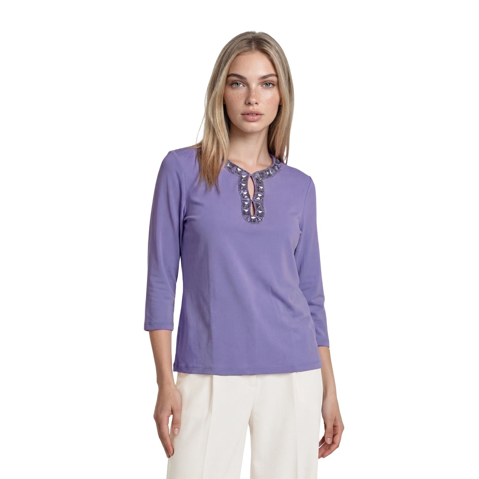 Boston Proper Crystal Keyhole Top Blouse Women's Size Large Purple Rhinestone