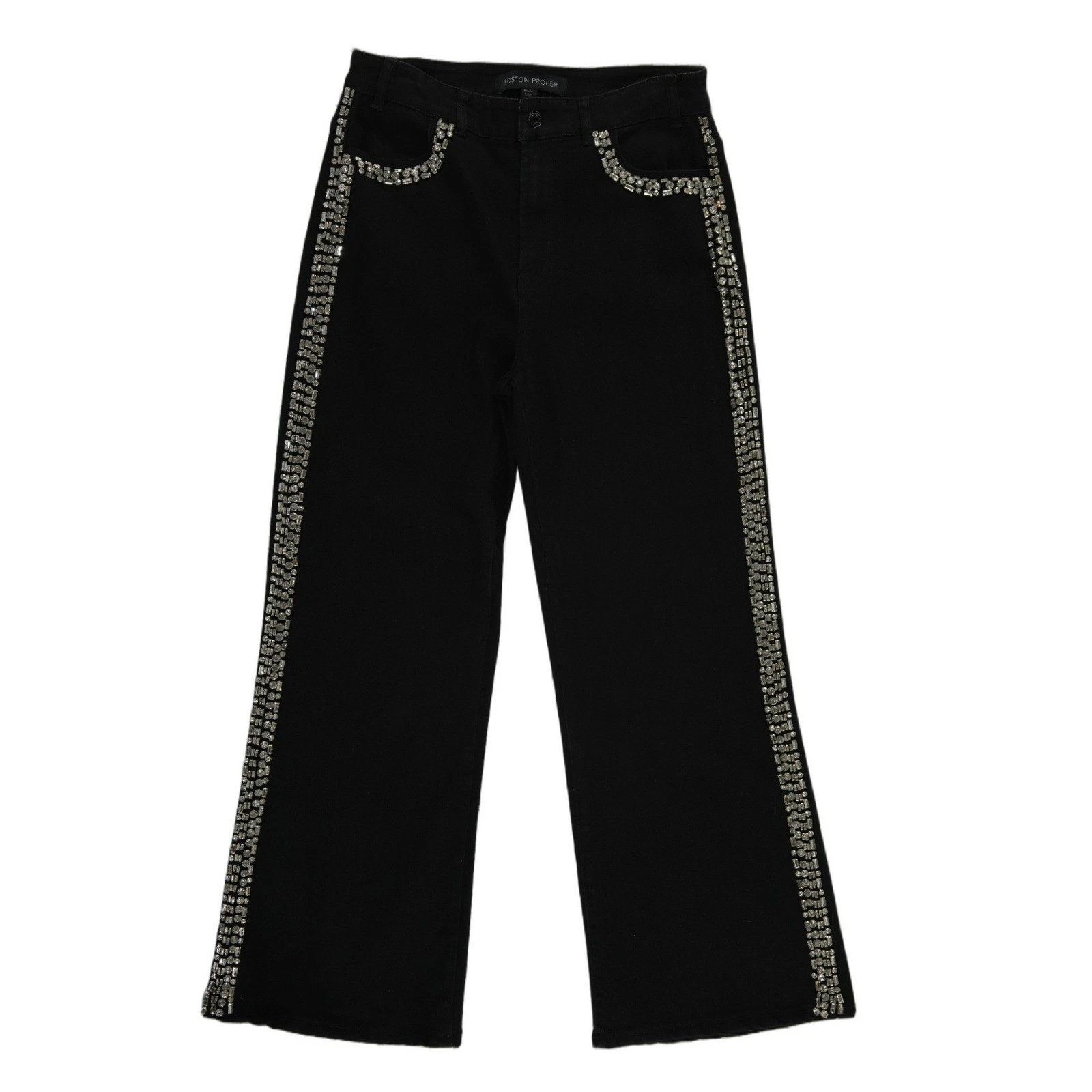 Boston Proper Jeans Women's Size 10 Black Rhinestone Crystal Trim Wide Leg Y2K