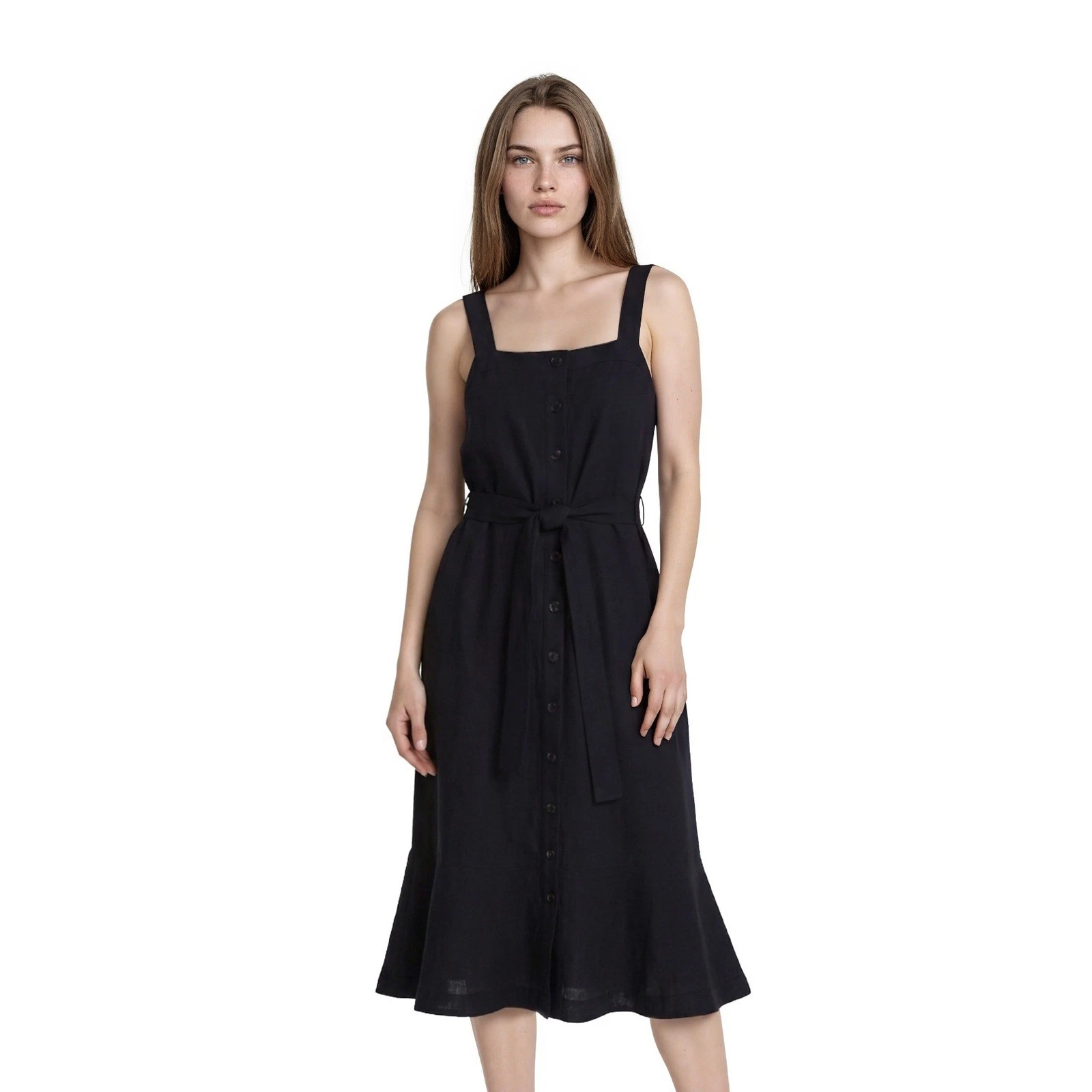 Banana Republic Midi Dress Women's Size 12 Navy Blue Ruffle Belted Button