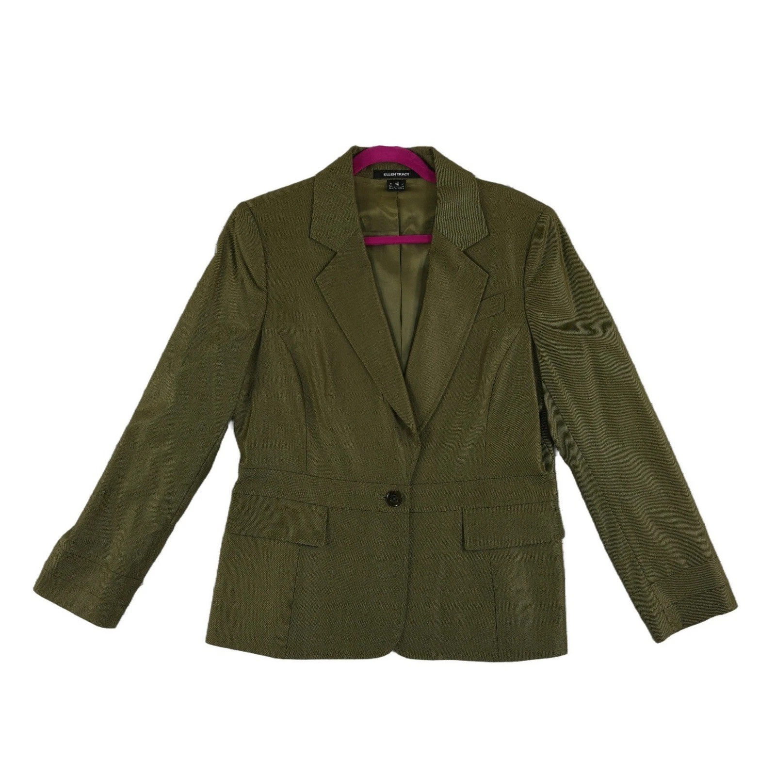 Ellen Tracy Wool Silk Blazer Women's Size 12 Olive Green Single Button Jacket - Image 2