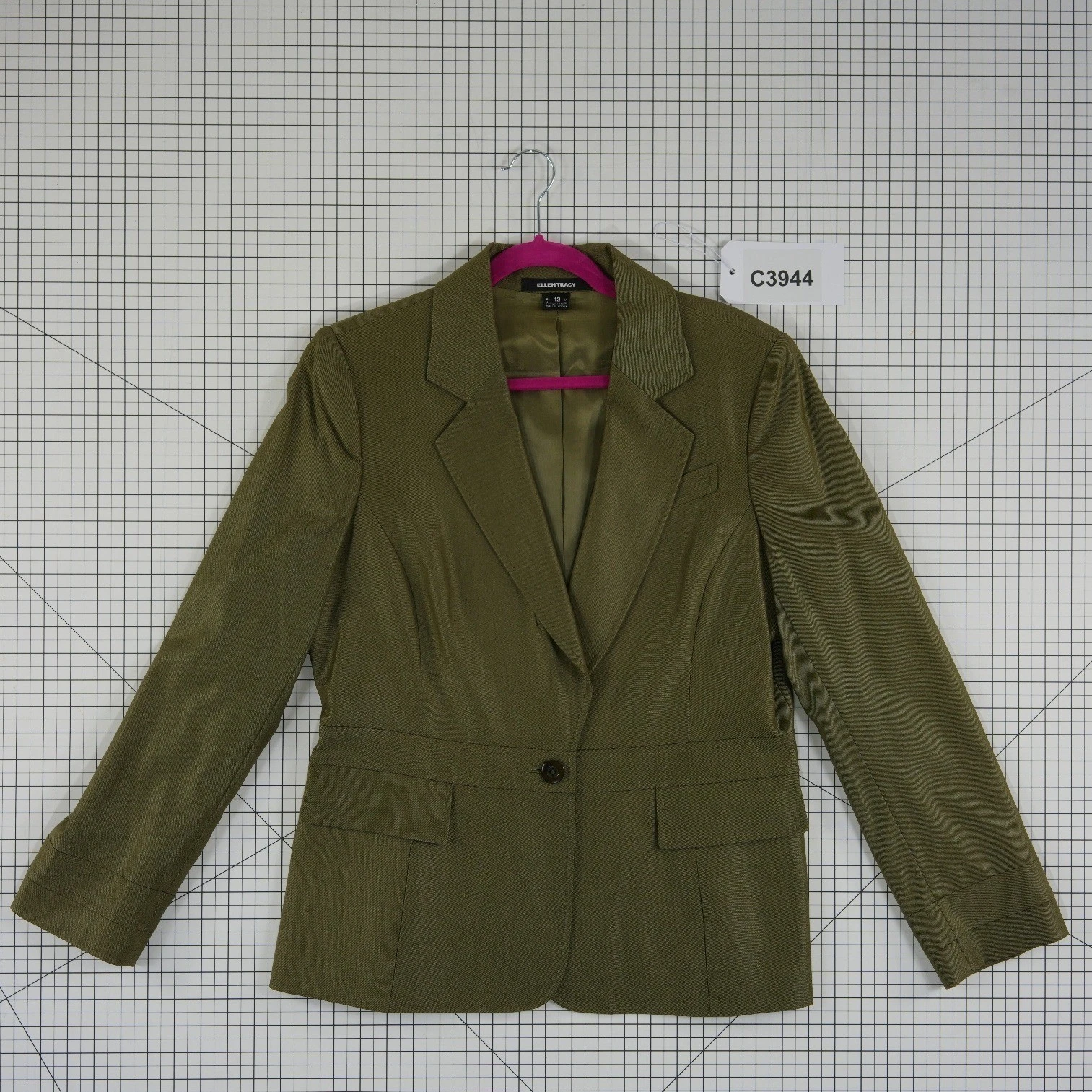 Ellen Tracy Wool Silk Blazer Women's Size 12 Olive Green Single Button Jacket - Image 6