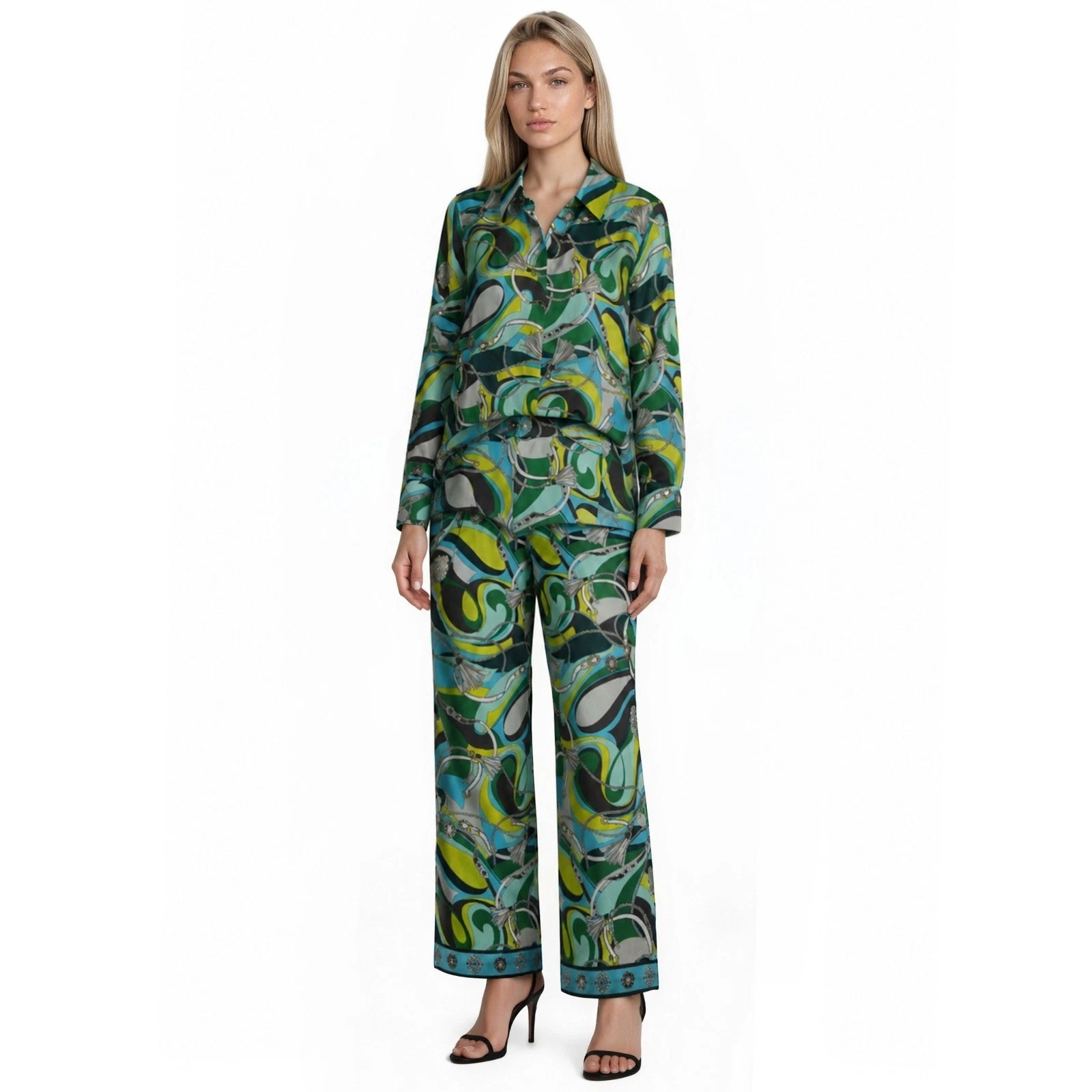 New Vintage Boston Proper Pantsuit Top Pants Women's Size 14 Large Chain Print