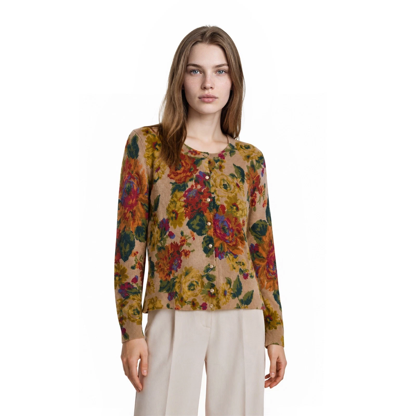 Talbots Cashmere Cardigan Sweater Women's Size Small Petite PS Tan Floral Button