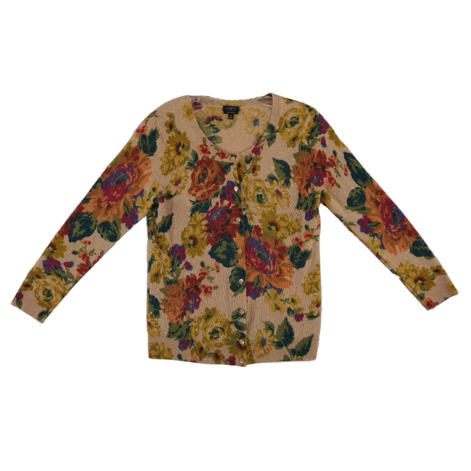 Talbots Cashmere Cardigan Sweater Women's Size Small Petite PS Tan Floral Button - Image 2