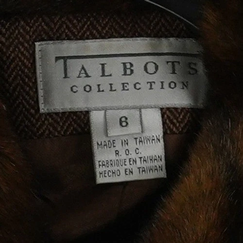 Talbots Collection Blazer Women's Size 6 Brown Herringbone Tweed Faux Fur Collar - Image 3